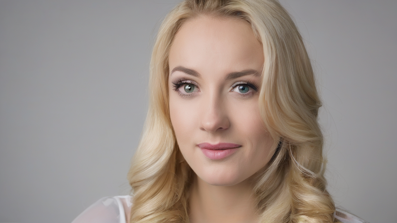 Portret Joanny Wiśniewskiej, młodej kobiety z długimi blond włosami, uśmiechającej się do kamery na tle miejskiego krajobrazu