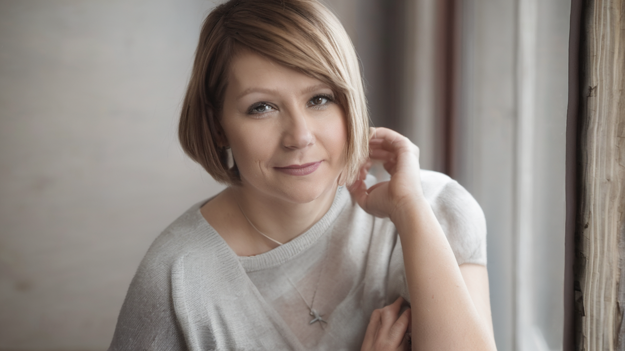 Portret Katarzyny Michalak, autorki miesiąca, uśmiechniętej kobiety w średnim wieku z krótkimi ciemnymi włosami, na tle księgarni